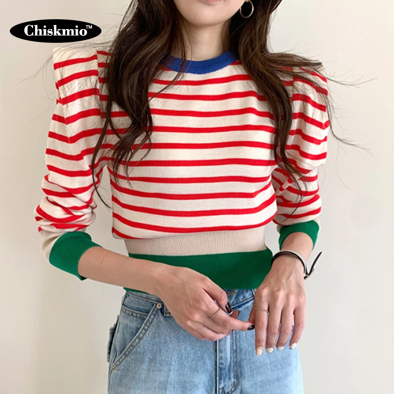 

Korean Sweet Striped Short T-Shirt Summer Puff Sleeve Knitted Pullovers O-Neck Women Casual Slim Tee Tops Thin Knitwear Clothes