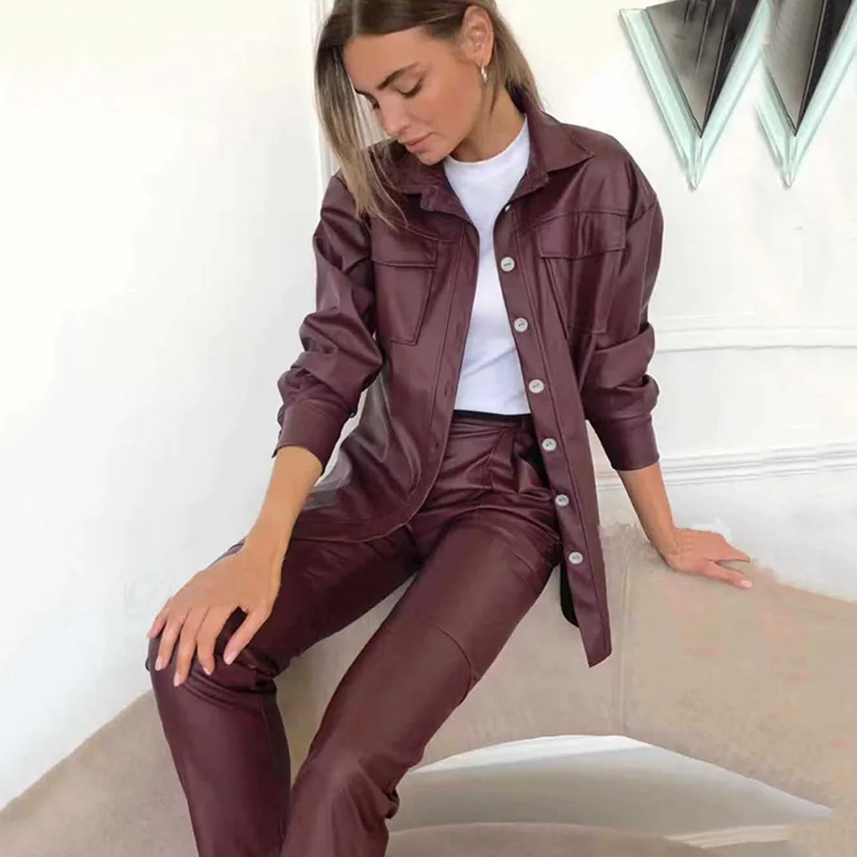 Повседневный Кожаный Женский комплект куртка с ремнем + штаны из двух предметов