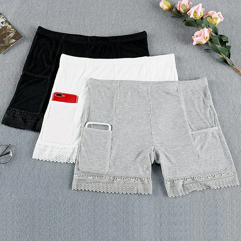

2PCS/set Safety Shorts Women Safety Short Pants Soft Lace Shorts Boxer Summer Under Skirt Shorts with Pockets Femme Underwears