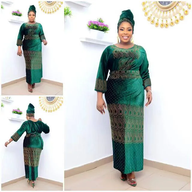 

Velvet Dress with Headtie African Style Party Clothing Top with Skirt Set 3 Pieces Fashion Women Dress Color Diamond Muslim