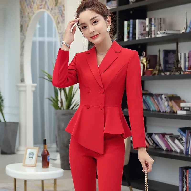 

Костюм брючный женский офисный из 2 предметов, блейзер и брюки неправильной формы, одежда для работы, красный, темно-синий
