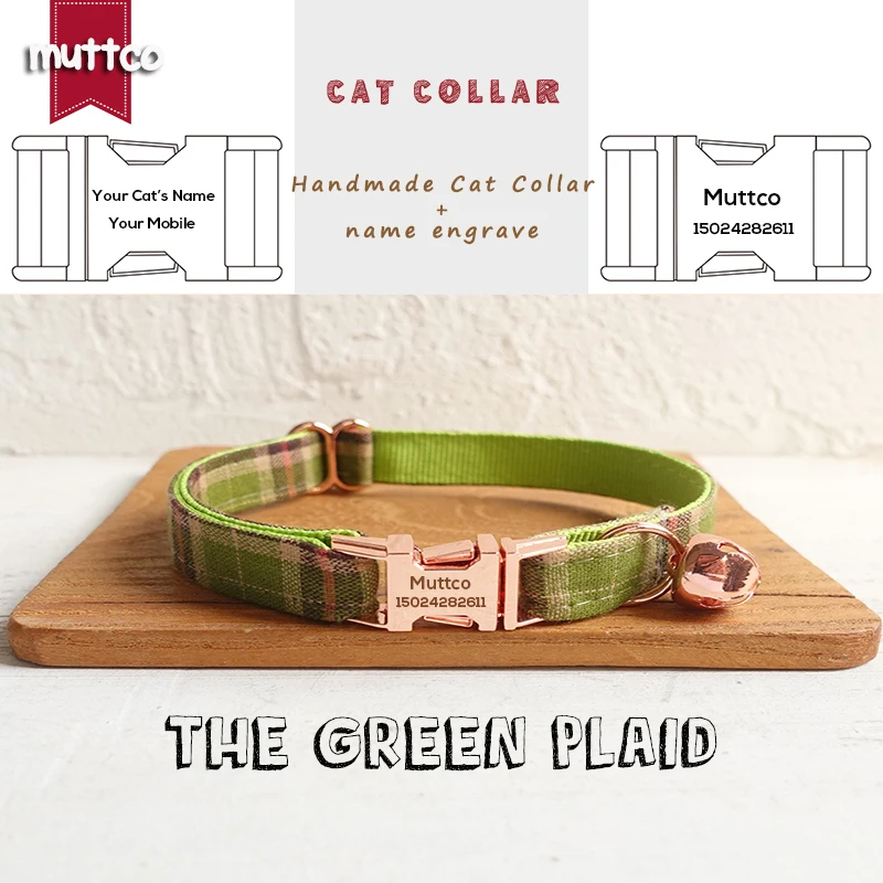 

Ошейник для кошек MUTTCO, из розового золота, ручной работы, с металлической пряжкой, зеленого цвета, в клетку, UCC041M, 2 размера