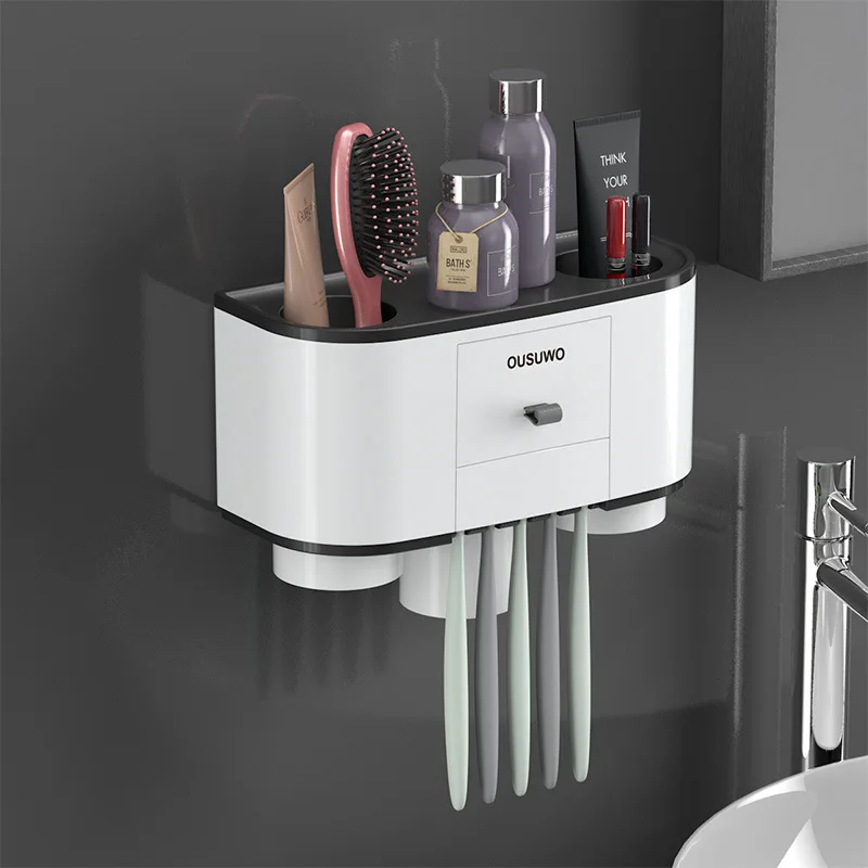 

Bathroom Toothbrush Holder Magnetic Inverted Toothpaste Dispenser Wall Mount Makeup Storage Rack Bathroom Accessories Set