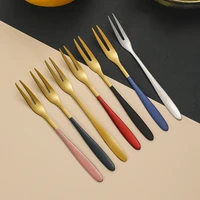 stainless steel two tine fork gold western tableware portable snack cake dessert fruit mini forks cafeteria home luxury cutlery