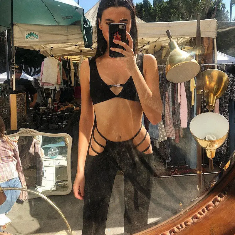 

Europe and America Sexy Hollow Low Waist Flared Pants Women High Quality Activity Pants Street Casual Party Pants