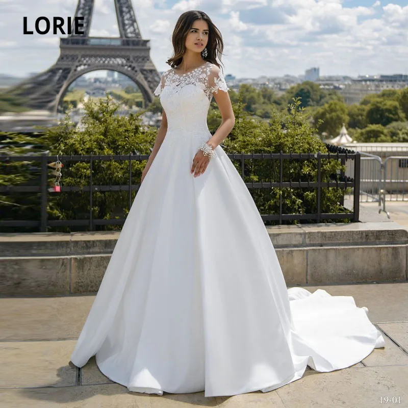 

LORIE Country Wedding Dresses for Bride A-line Satin O-Neck Boho Bridal Gowns Lace Appliques Short Sleeve Marriage Dresses 2021