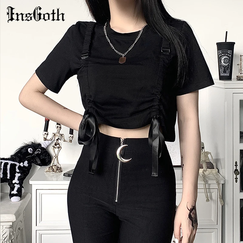 Женская футболка с коротким рукавом InsGoth черная в стиле Харадзюку готический топ