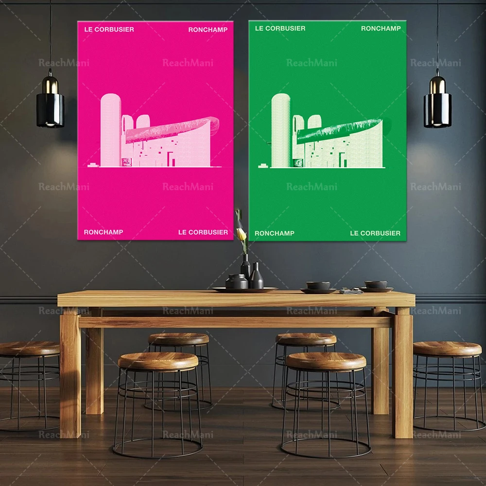 

Architecture vintage print - Bauhaus Le Corbusier, affiche design minimaliste RONCHAMP midcentury retro