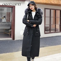 x long parkas 2021 winter women cotton coat hooded fur collar wool liner warm jacket ladies outwear adjustable waist thick coats