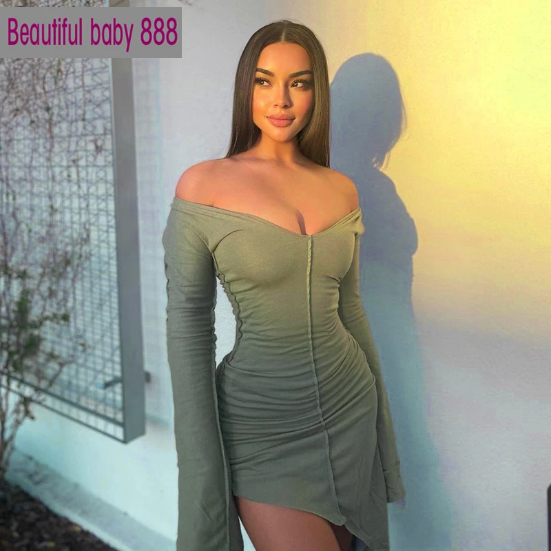 

Meqeiss 2021Flared Sleeves Low Collar Bodycon Sexy Mini Dress Autumn Winter Women Fashion Streetwear Pure Outfits Party Sundress