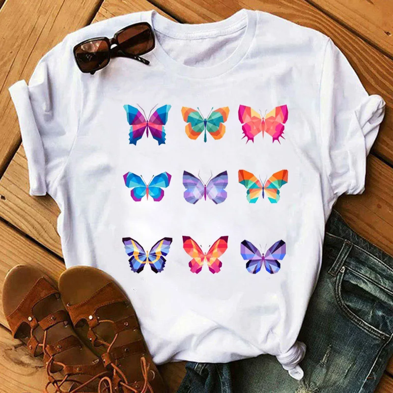 

New Fashion Women T Shirt Colorful Butterfly Print Tops Tee Casual Short Sleeve Tops Tee Female Summer Cute T-shirt Clothing