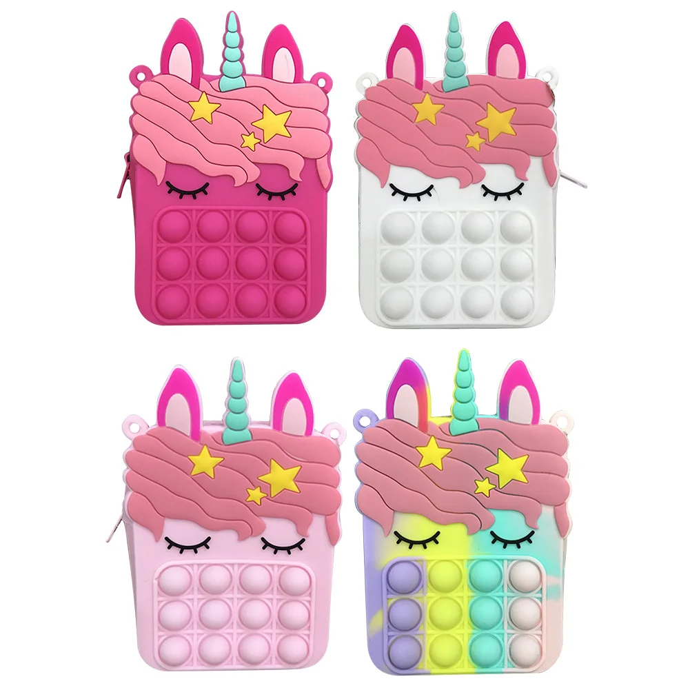 

New Popper Fidget Bag Silicone Rainbow Horn Horse Hand Bag Push Bubble Sensory Anti Anxiety Popite Toys Stationery Pouch