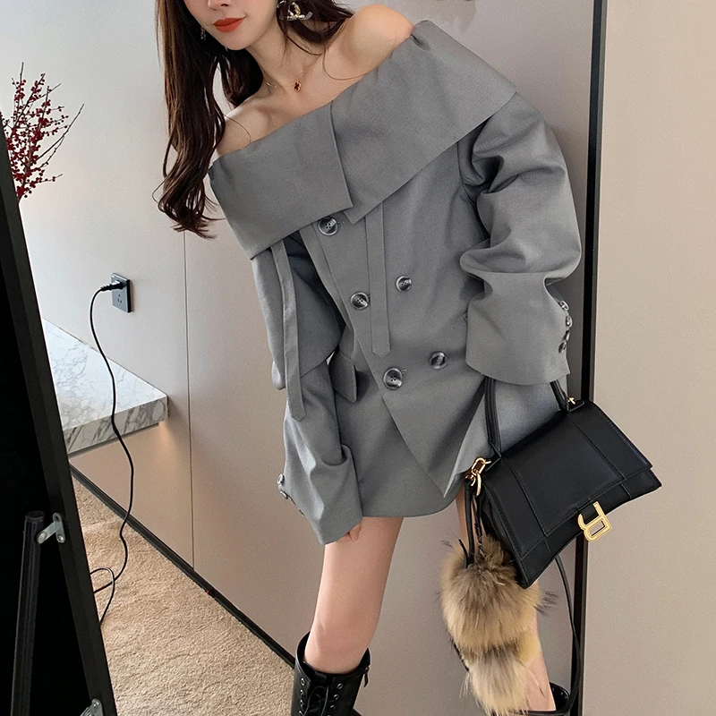 Sexy Off-shoulder Double-breasted Jacket and Pants Set High Waist Straight Casual Trousers Professional Clothes for Women