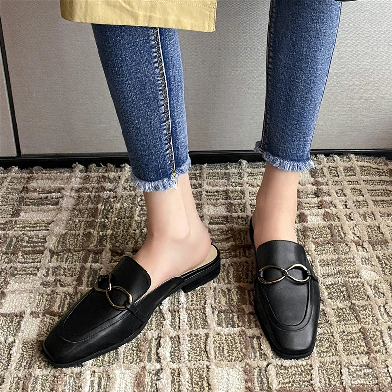 

VERCONAS Casual Concise Mules Woman Sandals Genuine Leather New Metal Decoration Square Toe Low Heels Shoes Woman Spring Summer