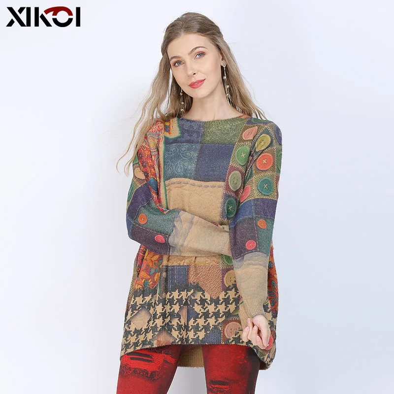 

XIKOI Oversized Women Sweater Top Classic Patchwork Print Knitted Sweater Casual Plus Fashion Pullover For Women Loose Jumper