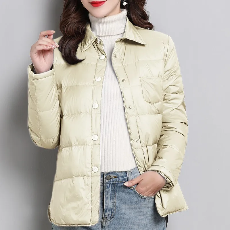 

Women 2021 Winter New Fashion Turn Down Collar Coat Ultra Light White Duck Down Puffer Jackets Single Breasted Parkas Outerwear