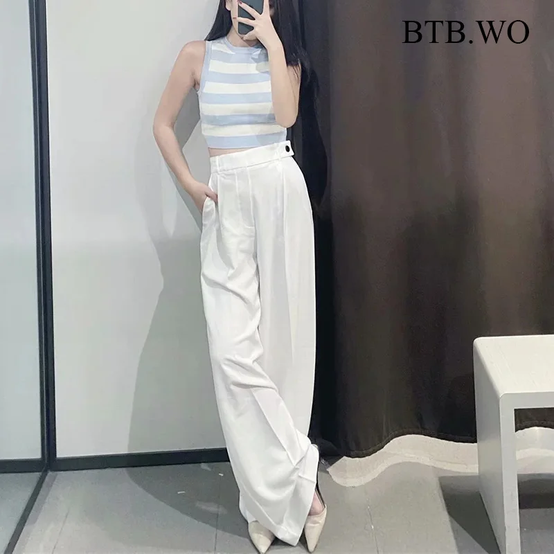 

BTB.WO Za Women Vintage Fashion Solid Color Elastic Waist Casual Wide Leg Pants Zipper Female Chic Pocket Summer Long Trousers