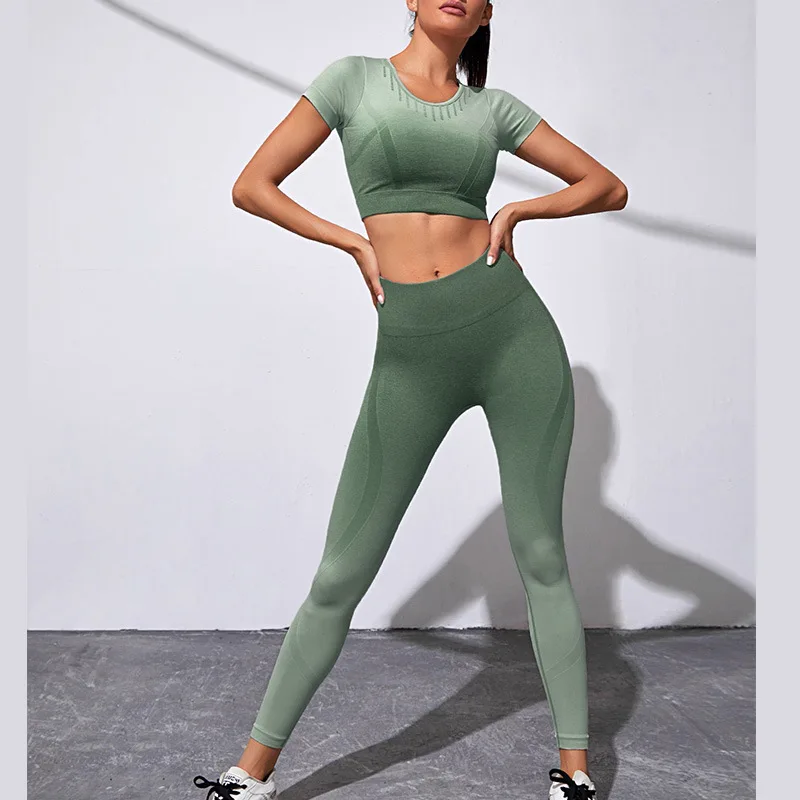 

Fashion Gradient Fitness Set Summer Short Sleeve Yoga T-shirt Gym Crop Top Woman + Seamless Leggings Women Workout Pants New