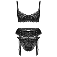 mens crossdressers clothing sissy lingerie set see through floral lace underwear nightwear unlined bra with thongs garter belt