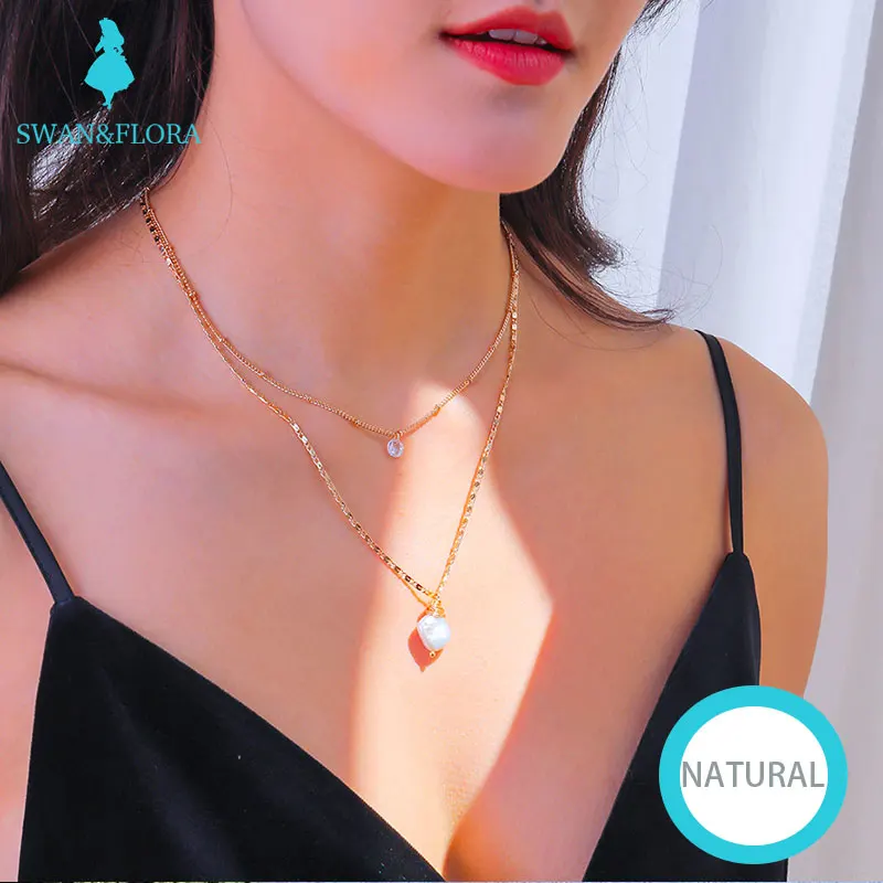 

Double Layer natural Baroque Pearl Pendant Necklace European and American wholesale 14k gold jewelry Women Gold Filled Fine