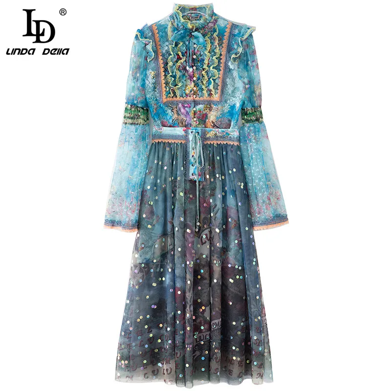 

LD LINDA DELLA модный подиумный осенний костюм с юбкой женский однобортный костюм с длинным рукавом, рубашка с принтом и сетчатые Юбки миди компле...