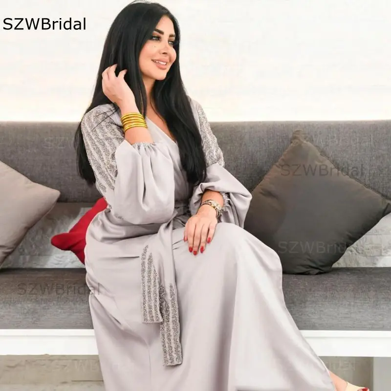 

Новое поступление, вечерние платья из спандекса с V-образным вырезом и длинным рукавом, 2023, абайя из кристаллов и бисера, вечерние платья Дуб...