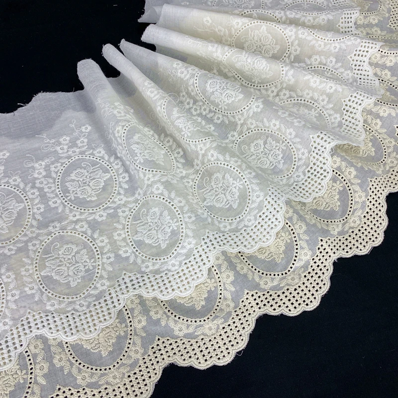 Vintage Beige Cotton Embroidered Flowers Trim Scallop border Trim Eyelets trim For DIY Sewing Handmade Craft Materials Dress