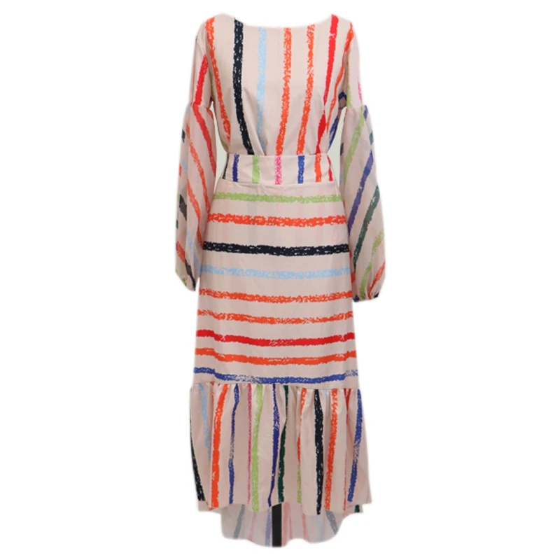 

Rainbow Stripe Print Long Dress Puff Lantern Sleeve Dress Round Neck Two-piece Set Dress