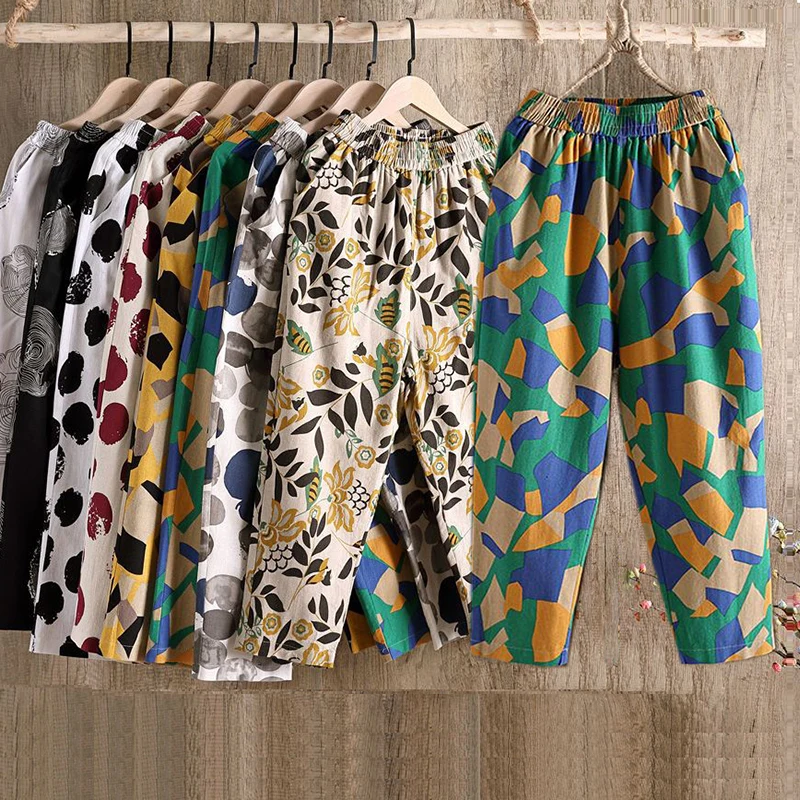 

Летние повседневные женские шаровары из 95% хлопка и льна, свободные шаровары с цветочным принтом размера плюс 4XL