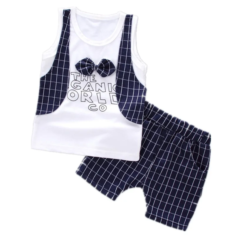 Новая летняя детская модная одежда костюм для маленьких мальчиков клетчатая