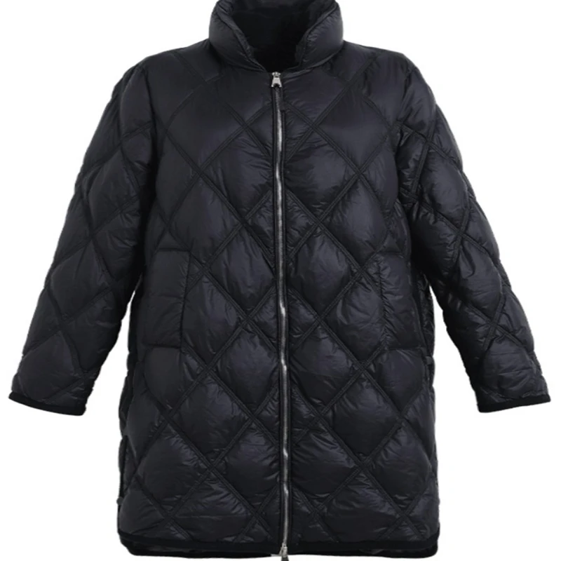 Black Lightweight Down Jacket Women Mid-length 2023New Fashion Loose Diamond Plaid Winter White Duck Down Zipper Jacket