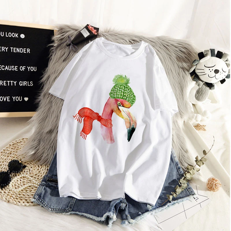 

Fashion Flamingo Theme T Shirt Women Lovely Print Short Sleeved O-neck T-shirt Vintage Vogue Ullzang Tshirt Harajuku Tops