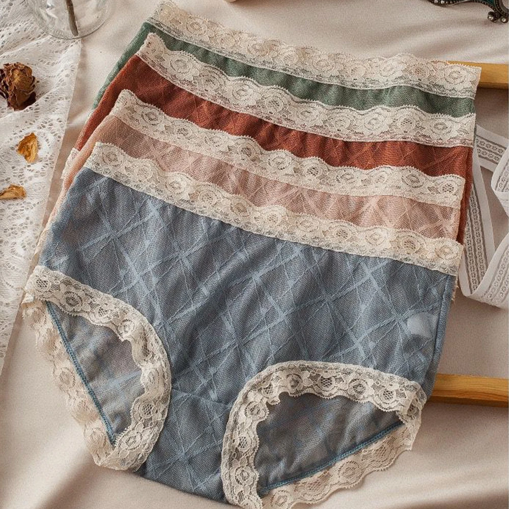 

New Mesh Lace Panties Sexy Transparents Underwear Stripe Woman Lingerie Mid Waist Lady Soft Flower Breathable Briefs