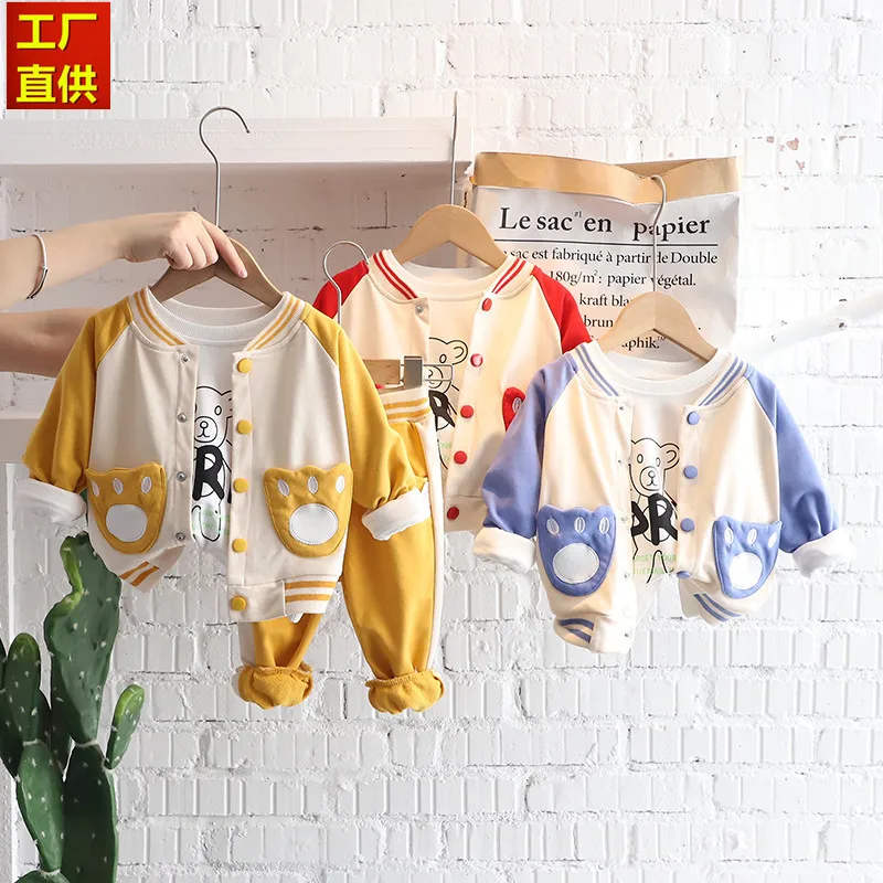 

3 шт./компл. Одежда для новорожденных футболка с рисунком медведя разноцветные брюки в полоску однобортная куртка с карманами для детей