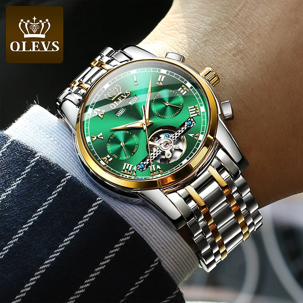 

OLEVS Automatic Mechanical Men Watches Stainless Steel Waterproof Date Week Green Perpetual Calendar Classic Luxury Wrist Watch