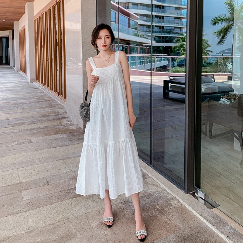 

Summer Woman Dress Vintage Spaghetti Strap White Dress 2021 Casual Sundress Elegant Holiday Long Dresses 여자 드레스