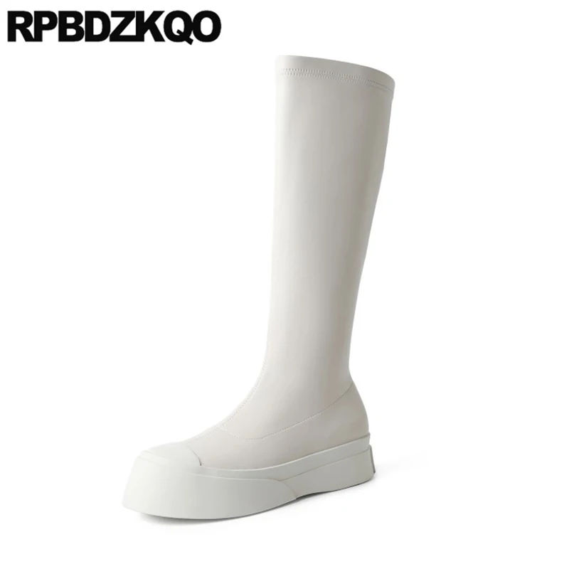 Женские ботильоны на плоской подошве до колена с круглым носком | Обувь