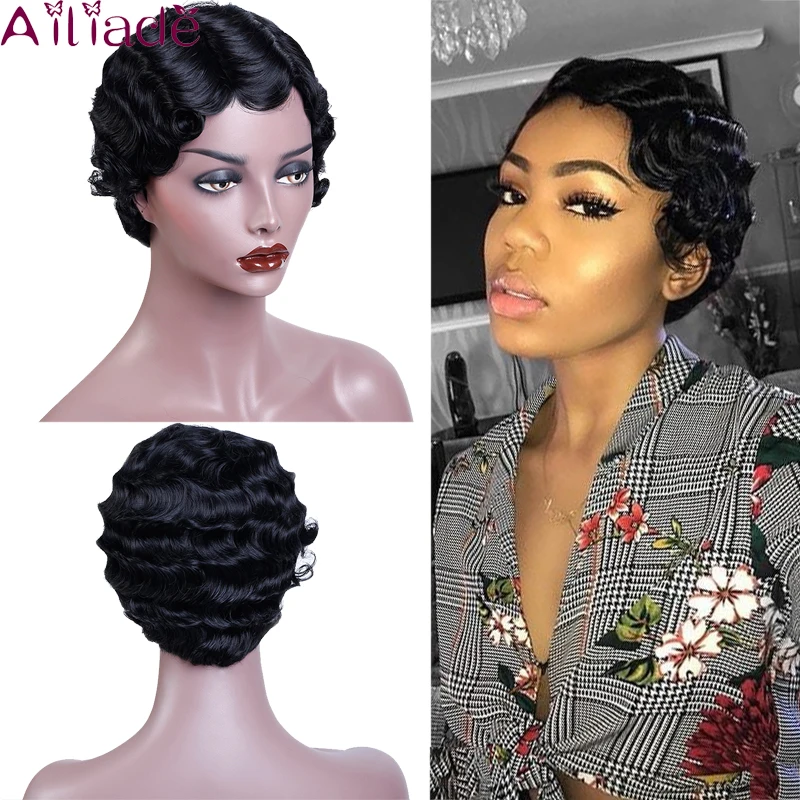 AILIADE термостойкие короткие парики для женщин волнистый парик стриженые черных