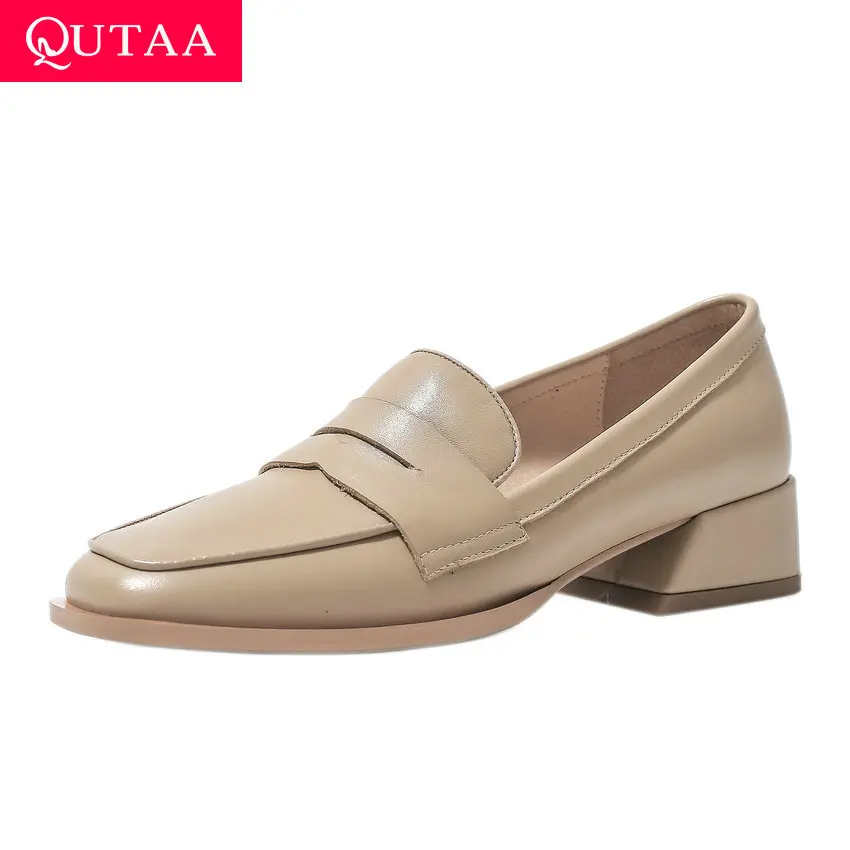 

QUTAA 2021 Retro Square Toe Cow Leather Women Pumps Spring Autumn Concise Square Med Heel Basic Slip On Ladies Shoes Size 34-39