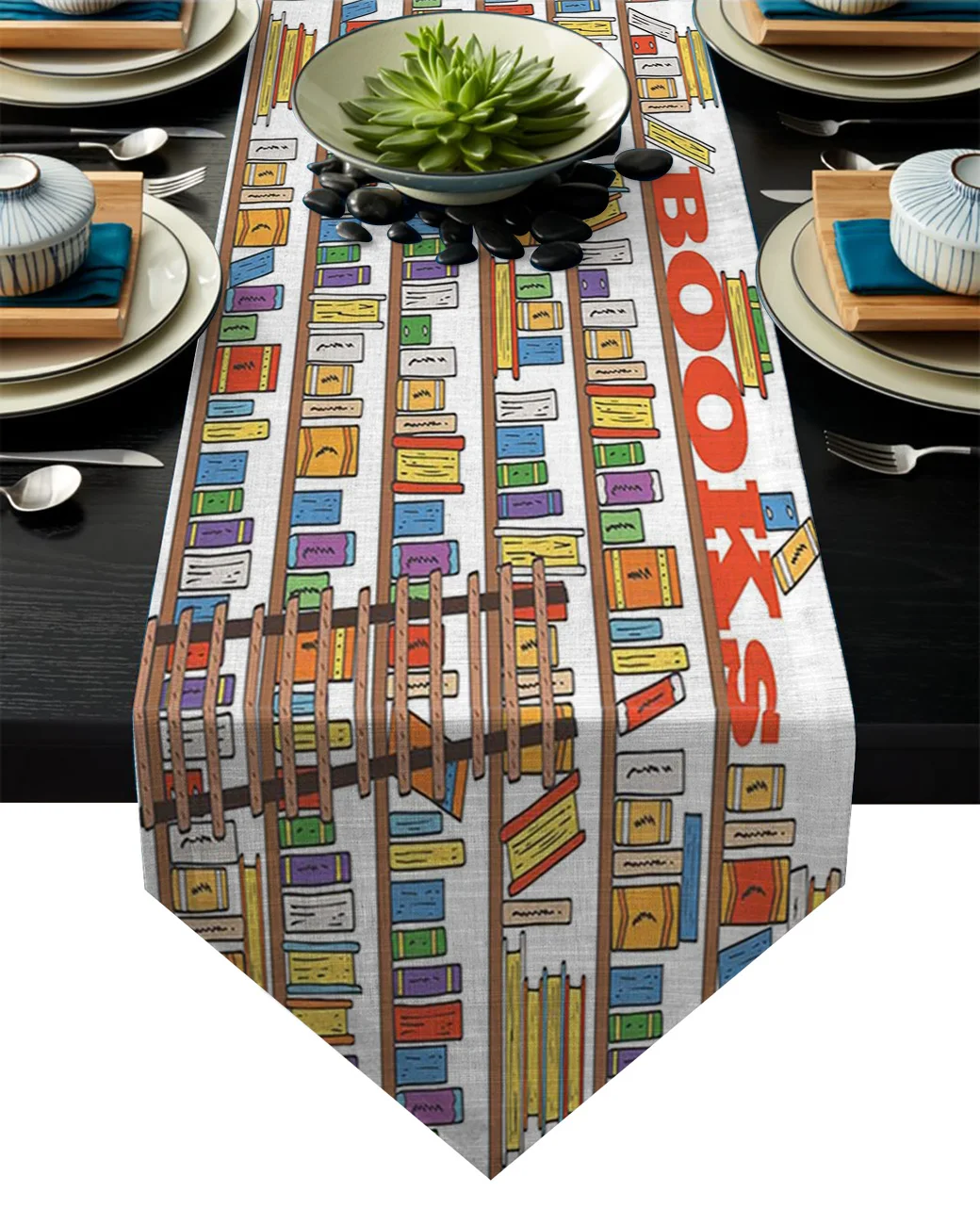 Книги окрашенные на полках настольная дорожка современная столовая деревенский