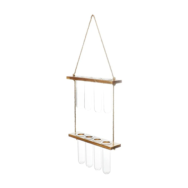 Macetero de vidrio colgante de pared, terrario con soporte de madera para plantas hidrop&oacute;nicas, Mini florero de tubo de ensayo, propagador, decoraci&oacute;n de jard&iacute;n y oficina en casa-5