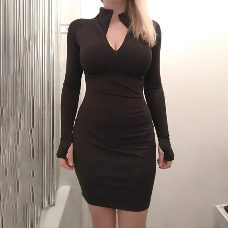 

Fashion Tight Sexy Mini Dress 2020 Spring Autumn Women Dress Casual Long Sleeve Half Open Zip Collar Pencil Solid Color Dresses