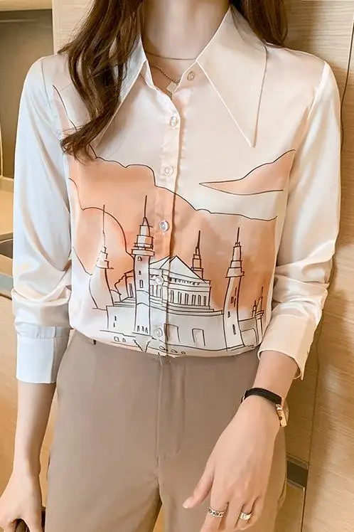 

Houthion Silk Women's Blouses New Slim Commuter Blouse Fashion Long Sleeve Top Printing Buttons Shirt Spring/autumn