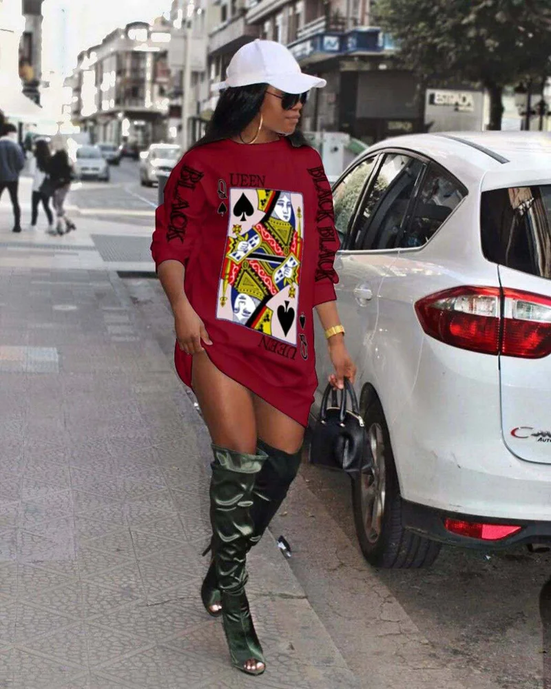 

Poker Print Casual Tshirt Dress Women Loose Streetwear Dress Long Sleeve Shirt Dress Black Queen Letter