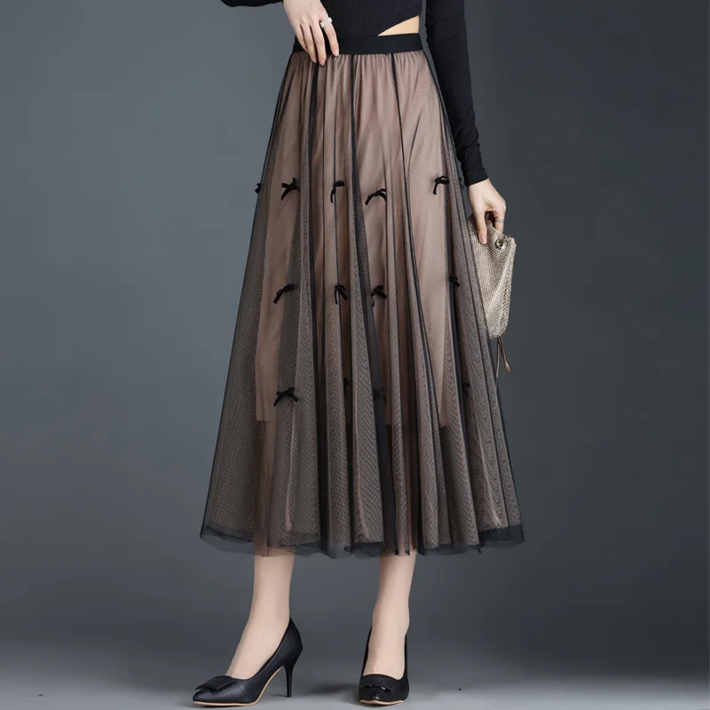 

Women Fashion High Waist Big Hem Bow Mesh Pleated Skirt Autumn Winter Female Korean Elegant Loose Casual Long Skirts 2103