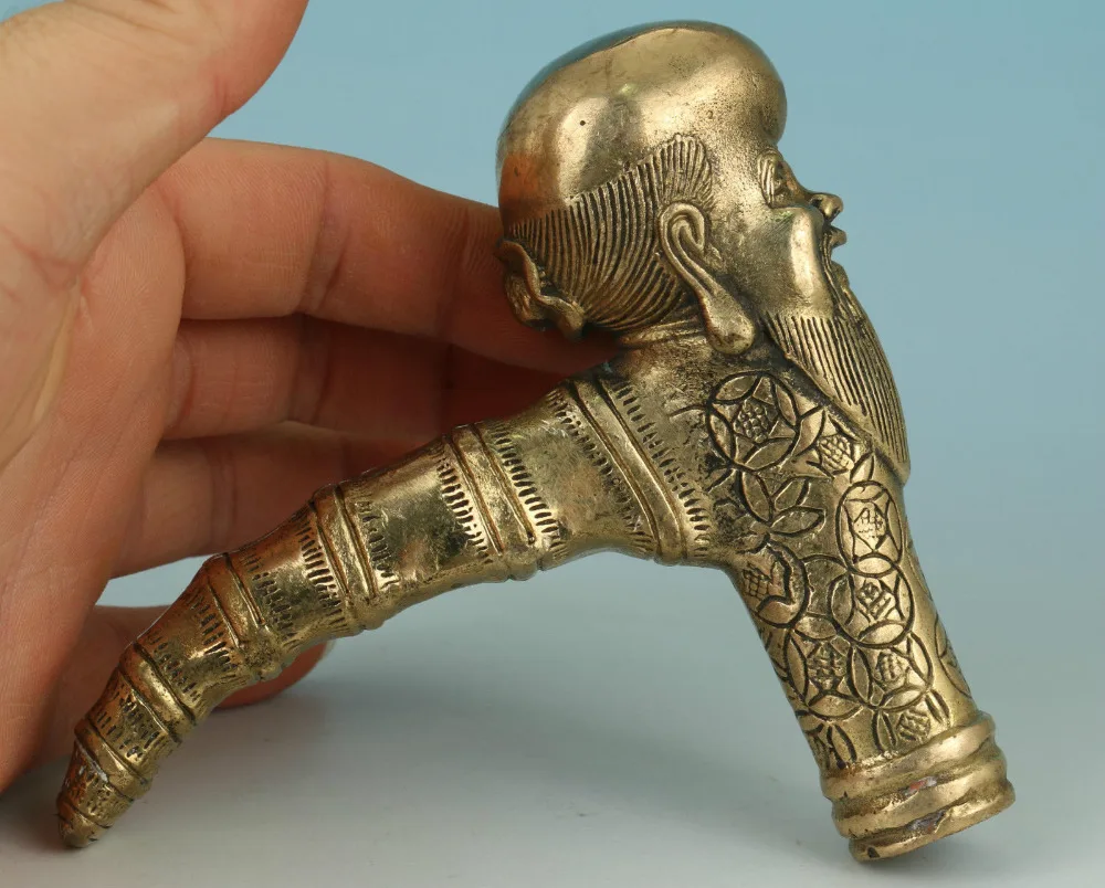 

Chinese Old Hand Bronze Carved Buddha Sage Statue Walking SticK Head
