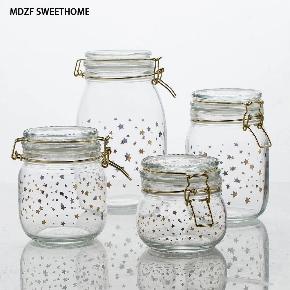 

Star Kitchen Food Storage Sealed Cans With Cover Coffee Sugar Tea Glass Jar Grains Snacks Container Candy Glass Storage Bottles