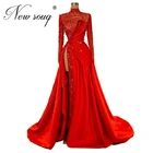 Женское вечернее платье с бусинами, длинное платье с высоким разрезом сбоку, в арабском стиле, для выпускного вечера, красного цвета, 2020