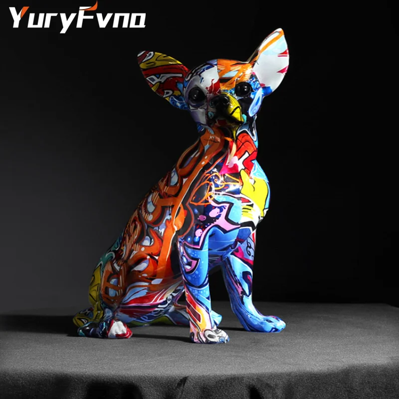 

YuryFvna Nordic Painting Graffiti Chihuahua Pug Sculpture Figurine Art Elephant Statue Creative Resin Crafts Home Decoration