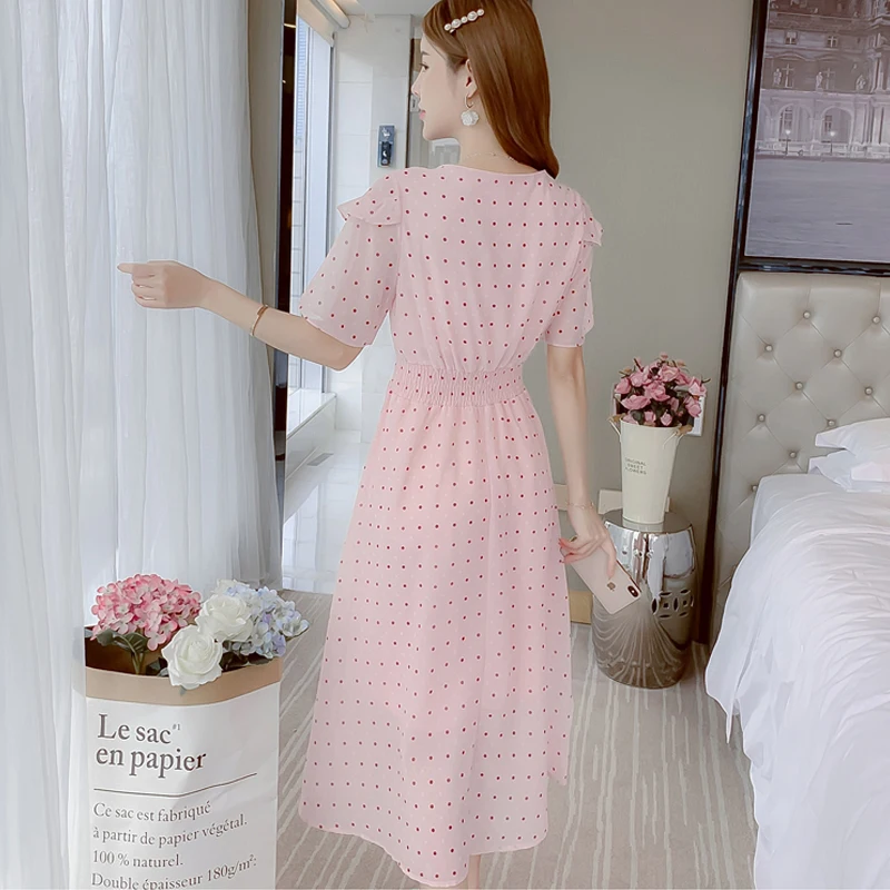 

Chiffon V-neck Sexy Dresses Party night club dress 2020 New Chiffon Print Short-Sleeve Summer Dot Midi Medium-length Dress 866J